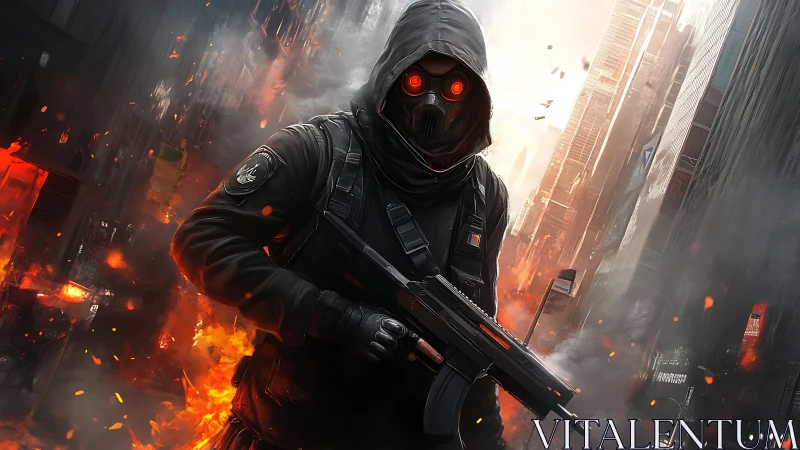 Hooded gunman stands in burning futuristic city street