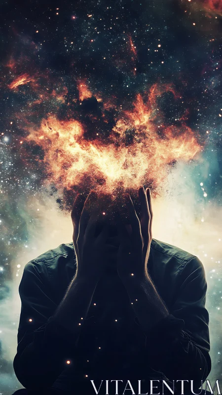 Silhouette holds head as explosive nebula erupts from mind