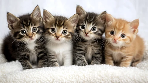 Four Adorable Kittens Sitting Together on Soft White Bedding