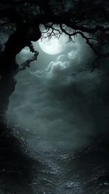 Lunar backlit forest corridor with nocturnal volumetric fog.