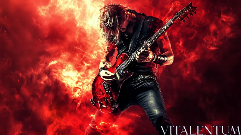 Electric guitarist plays against digitally rendered red flames
