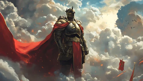 Armored knight with red cape standing amid dense clouds.
