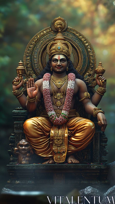 Golden forest deity in jeweled calm and radiant silence.