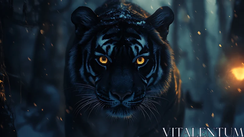 Midnight tiger portrait with glowing amber eyes in snow.
