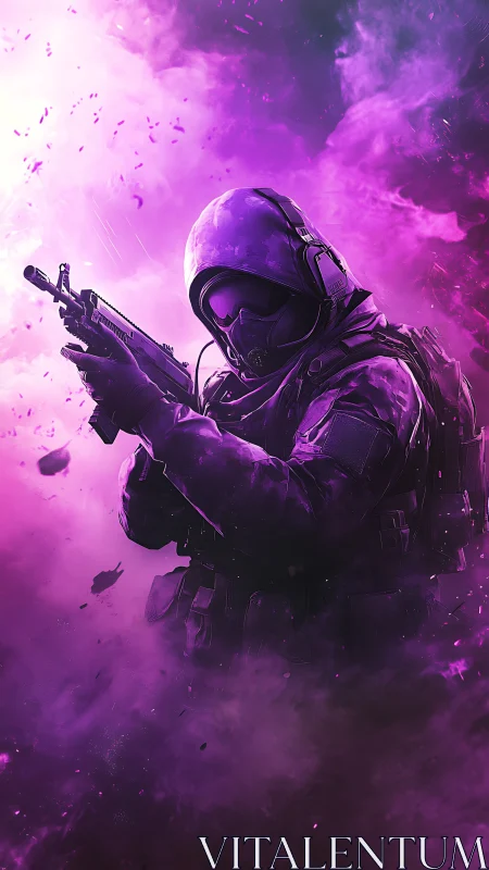 Armored soldier holds rifle amid dense magenta smoke