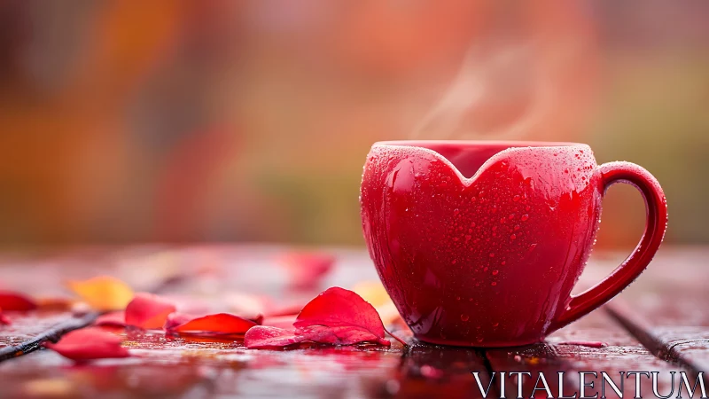 Heart-shaped red mug with rose petals on wooden surface