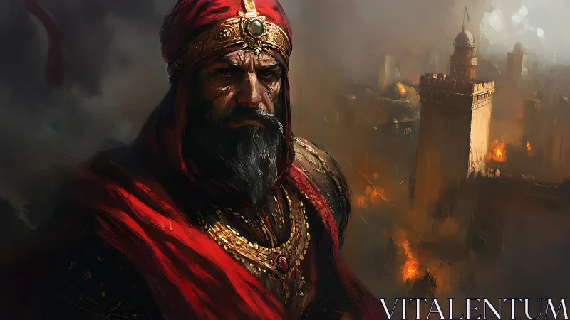 Medieval commander in red robes before burning city walls.