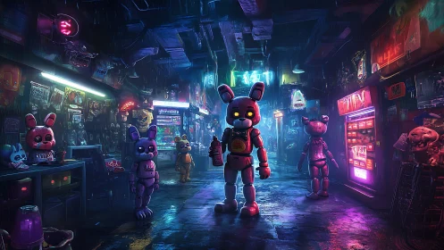 Neon-lit robot mascots patrol rain-soaked cyberpunk alleyway.