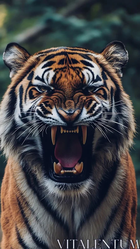 Roaring tiger bares fangs in razor-sharp portrait close-up.
