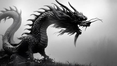Stormlit serpentine dragon in monochrome mountain mistscape.
