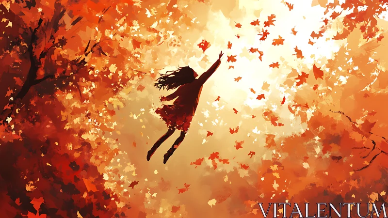 Digital painting of girl suspended in luminous autumn foliage.