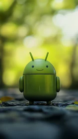 Cheerful green android strolls through dreamy forest bokeh