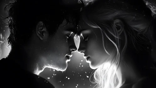 Two faces profile lit kiss in monochrome darkness.