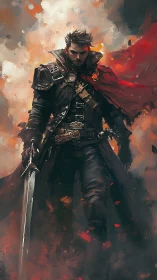 Digital painting of armored swordsman in cinematic flamescape.