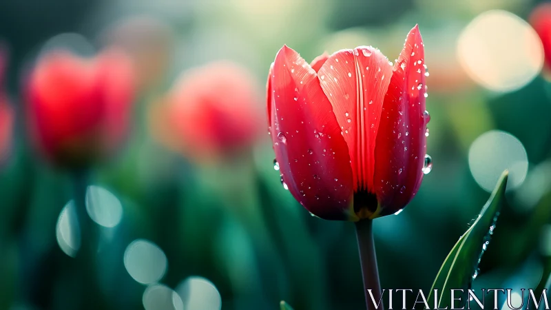 Morning Glory: A Crimson Tulip Kissed by Dewdrops.