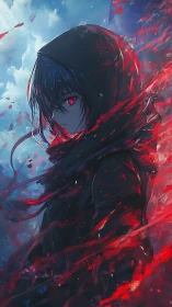 Hooded anime figure with glowing red eyes stands amid red streaks
