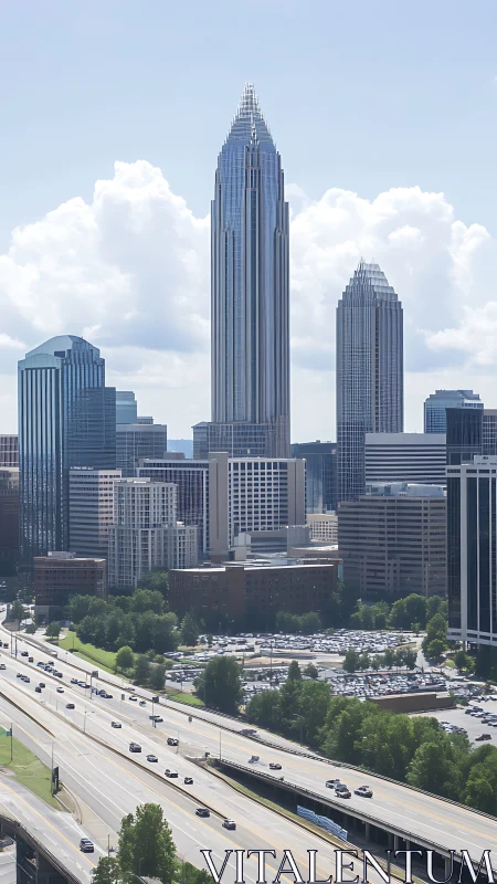 Glass skyscraper cluster dominates bright urban skyline.