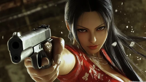 Fearless heroine locking eyes with you in bold focus.