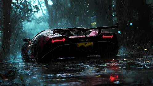 Night rain chase with a glowing red supercar on wet road.