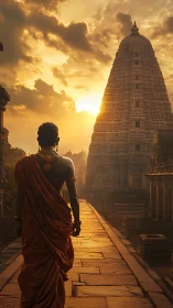 Monk walking toward ornate temple tower at sunset.