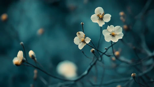 Delicate White Flowers Against Teal Bokeh Background.