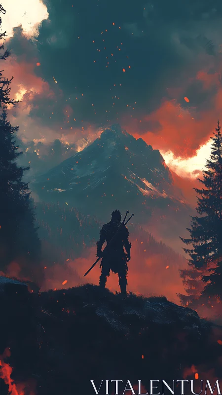 Lone warrior silhouette before burning mountain storm.