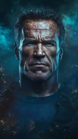 Photorealistic cosmic warrior portrait, high-contrast lighting.