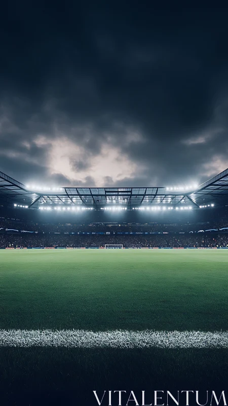 Photorealistic stadium pitch under dramatic floodlit sky.