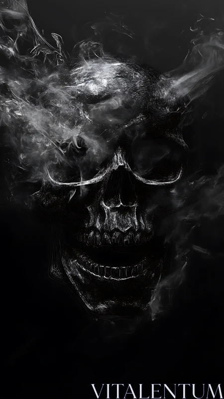 Smoky monochrome skull emerging from dark void.