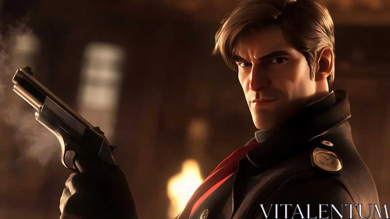 Animated male agent holding pistol in dim interior setting.