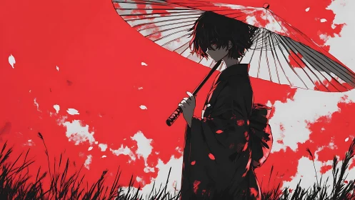 Silhouetted figure with umbrella against red sky field.