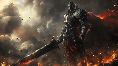 Armored dark knight in infernal battlefield with flaming greatsword
