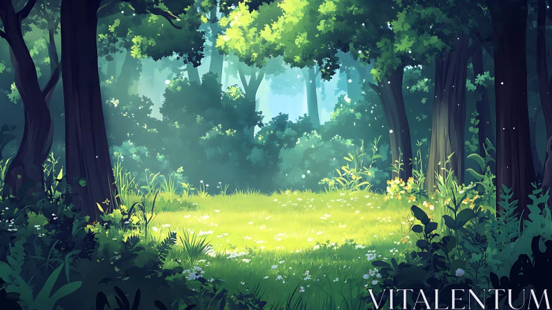 Enchanted Forest Clearing with Golden Sunlight.