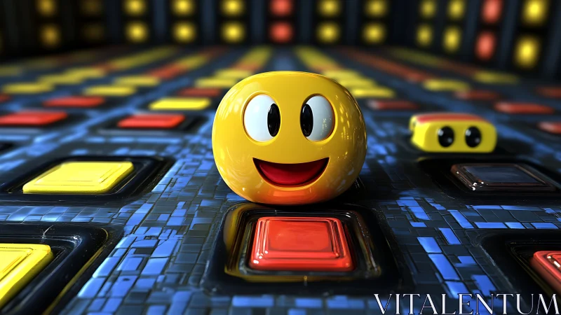 Cheerful pixel-smiley exploring a neon circuit playground.