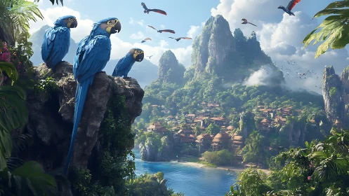 Blue macaws survey coastal village amid lush karst mountains