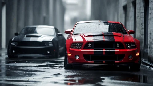 Rain-slicked muscle duel where crimson stripes stalk shadows.