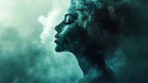 Side profile silhouette of person merged with swirling smoke.