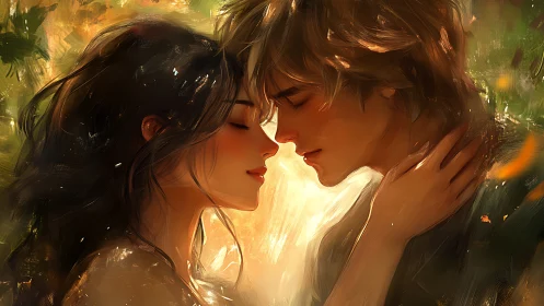 Two Figures Share Intimate Moment Bathed Golden Light