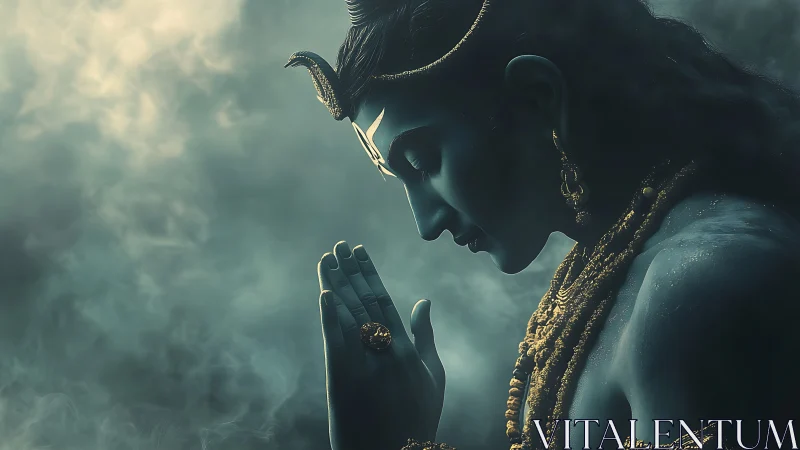 Moonlit blue deity in golden prayer amid drifting mist.