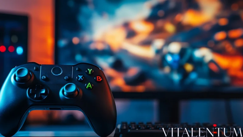 Game controller closeup before blurred action screen.