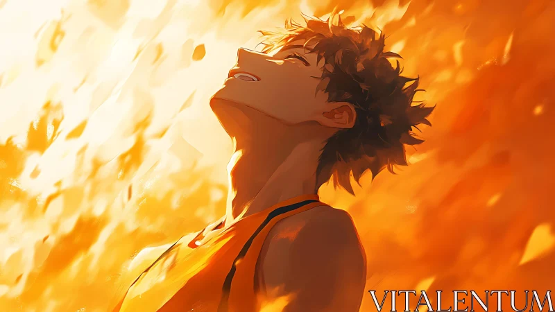 Backlit anime athlete in orange bokeh flare, upward gaze portrait