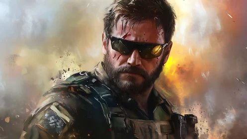 Battle-hardened soldier in shades amid explosive chaos.