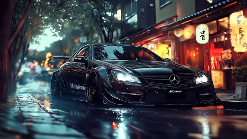 Midnight Mercedes glides through neon soaked city streets