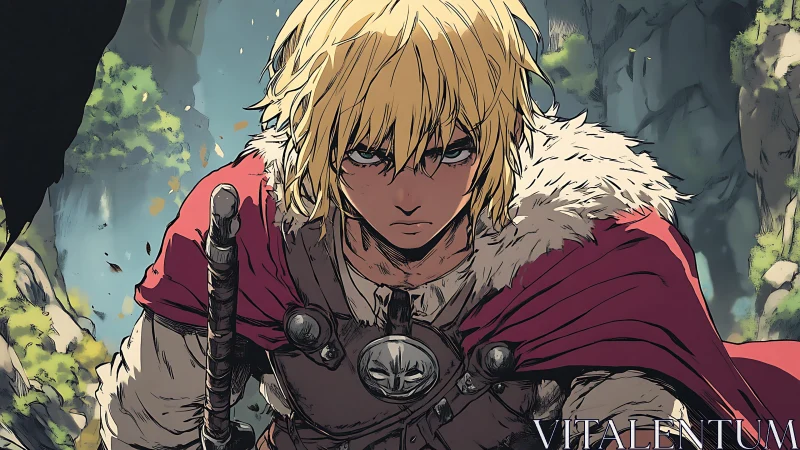 Blond warrior in red cloak stares forward in rocky valley