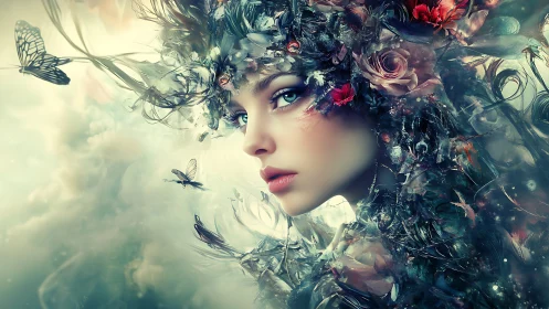 Ethereal woman in floral, feathered headdress amid butterflies.