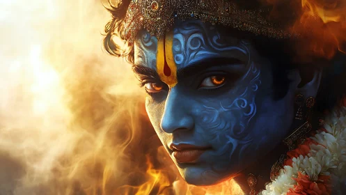 Blue-skinned deity portrait with firelit background.