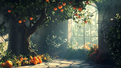 Orange tree overhangs stone courtyard floor near arched window