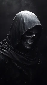 Hooded skeletal figure rendered in dark monochrome portrait.