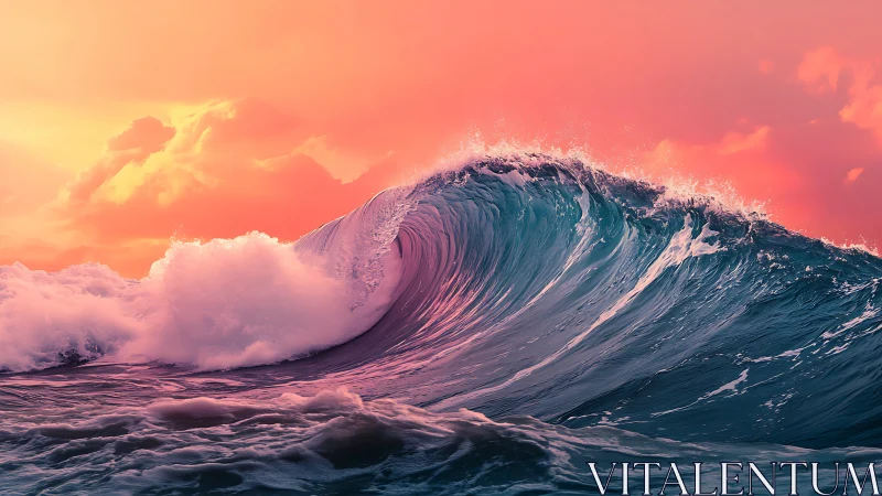 Sunlit turquoise wave curling under glowing coral sky.