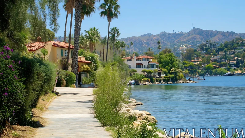 Lakeside villas line sunny waterfront path below hills